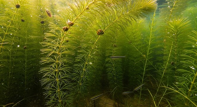 Serene Underwater World with Green Aquatic Plants.