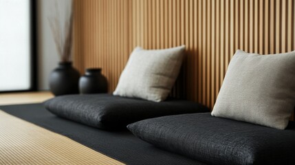 Minimalist Seating Cushions, Wood Wall and Vases ,Interior Design ,Minimalism