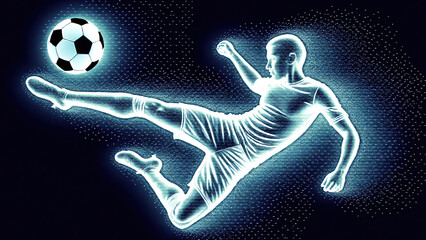 Blue neon soccer player mid-kick glows on black background.  
