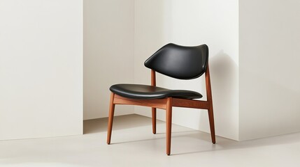 Minimalist Wood Chair with Black Leather Seat, furniture , design