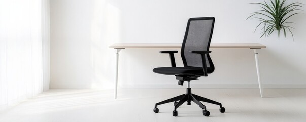 Minimalist Workspace Black Mesh Office Chair, Desk and Plant, Interior Design , Ergonomic