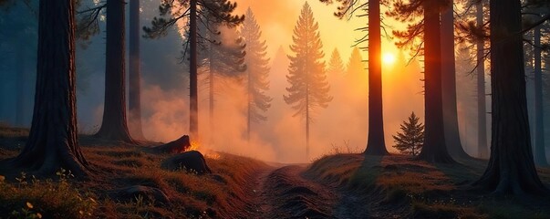 Controlled Burn in Pine Forest Sunlight Filters Through Smoke, Creating a Hazy Atmosphere.  Flames Clear Undergrowth, Promoting Healthy Regrowth.