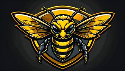 Aggressive bee mascot in shield design