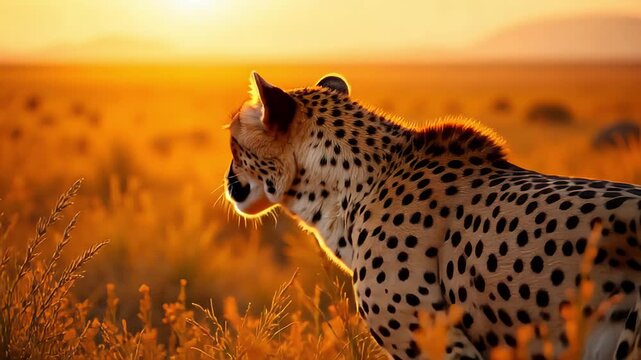 Magnificent cheetah basking in golden sunset light, capturing the essence of African wildlife in its natural habitat, a stunning visual