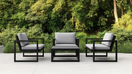 Fototapeta premium Modern Black Frame Outdoor Lounge Set with Greenery Backdrop , patio furniture , outdoor living