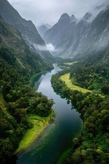 Serene Winding River Through Lush Green Mountains