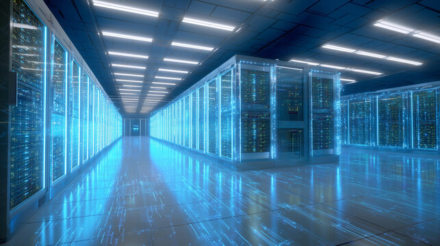 Corridor of illuminated servers in European supercomputer facility.