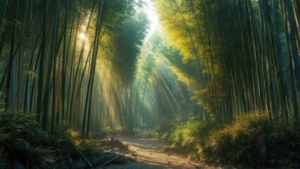 Fototapeta premium Sunlit bamboo forest path (1)