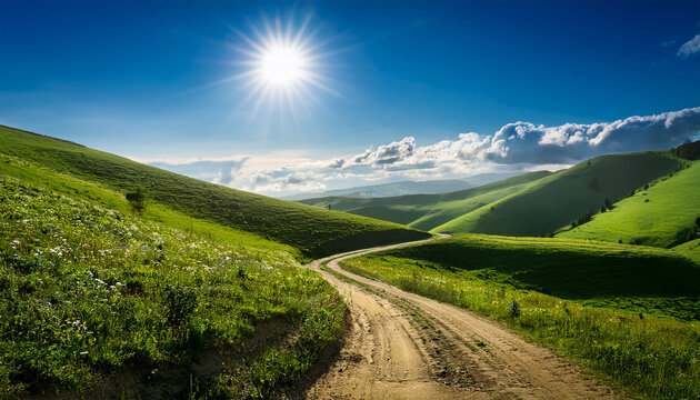 Scenic Dirt Road Winding Through Lush Green Rolling Hills Under A Bright Sunny Sky - Powered by Adobe