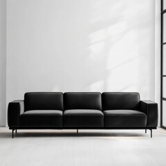 Modern Black Sofa in Minimalist White Room with Window Light, Living Room , Furniture