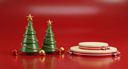 Festive Christmas Scene with Evergreen Trees Gold Stars and a Round Display Stand on Red Background Perfect for Holiday Marketing and Product Showcase