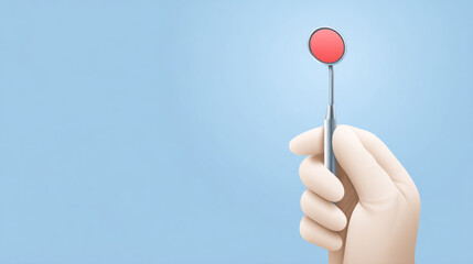 Gloved hand holding dental mirror against blue background