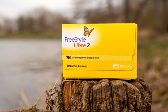 Teplice, Czech Republic - June 20, 2025: FreeStyle Libre 2 device placed on wooden stump near calm water