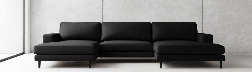 Modern Black U-Shaped Sofa on Concrete Background, Minimalist, Furniture