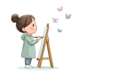 Young asian female child painting butterflies on canvas with easel