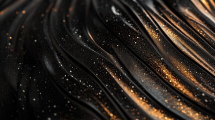 Abstract Black Fluid Texture with Golden Sparkles and Reflections.