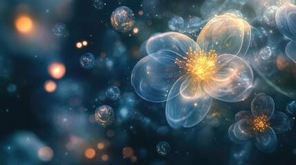 Abstract Floral Fantasy - Glowing Petals and Bubbles in a Dreamlike Scene.