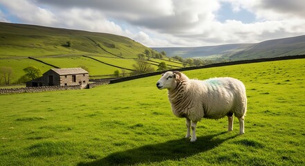 Sheep Grazing in Lush Green Pasture with Old Stone Barn.