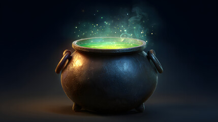 Witch cauldron with green glowing potion bubbling, isolated object, PNG style
