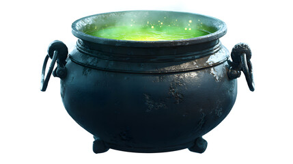 Witch cauldron with green glowing potion bubbling, isolated object, PNG style