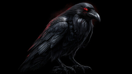 Black raven perched, glowing red eyes, gothic horror style, single object, isolated PNG