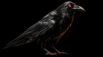 Black raven perched, glowing red eyes, gothic horror style, single object, isolated PNG