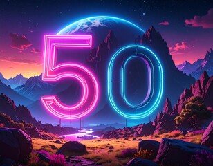 Neon numeral "50" set against a vibrant landscape of mountains, a planet, and a flowing river
