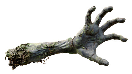 Rotten zombie hand reaching upward, horror style, isolated, PNG style