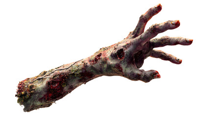 Rotten zombie hand reaching upward, horror style, isolated, PNG style