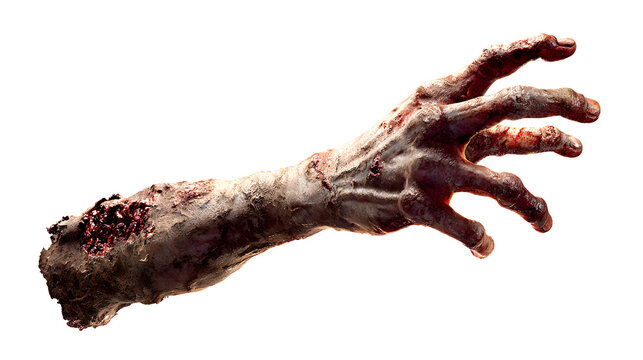 Rotten zombie hand reaching upward, horror style, isolated, PNG style