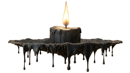 Candle with dripping black wax, eerie flame, gothic horror object, single PNG cutout