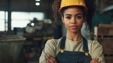 Confident female engineer in hardhat in industrial setting, arms crossed, looking at camera