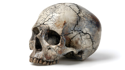 Creepy human skull with cracks, realistic, centered, single object, isolated PNG style