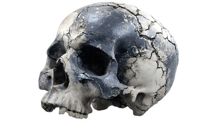 Creepy human skull with cracks, realistic, centered, single object, isolated PNG style