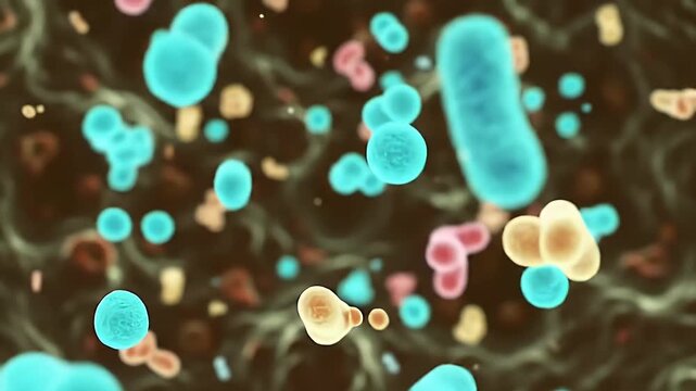 Animated Microscopic Protozoa in Brown Background Cyan Pink and Orange Cells Floating Microorganisms Biology Science Seamless Loop for Medical and Research Visualization 190