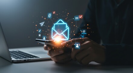 Person using smartphone with glowing email and communication icons