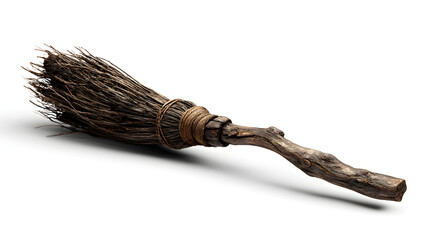 Old witch broomstick, rustic wooden texture, isolated, PNG style