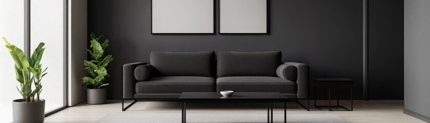 Modern Dark Living Room with Gray Sofa, Art Frames and Plants, interior design , home decor