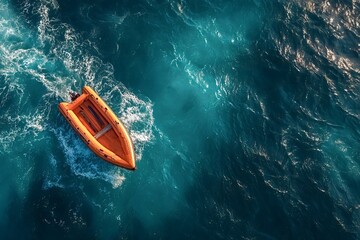 Aerial view of an orange inflatable motor boat sailing on deep blue water, creating a wake behind it, offering a sense of adventure and freedom on the open sea