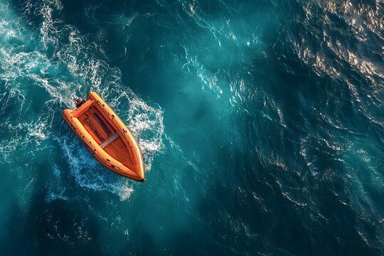 Aerial view of an orange inflatable motor boat sailing on deep blue water, creating a wake behind it, offering a sense of adventure and freedom on the open sea - Powered by Adobe