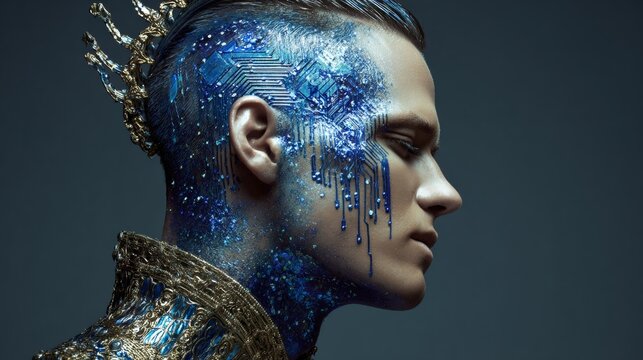 Digital prophet in a realm of infinite potential. Luxury portrait. Cyborg space priest with integrated circuitry and digital brain interface. Elegant outfit. Rich texture.