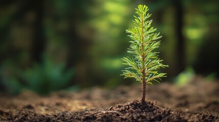 A small, young evergreen sapling planted in rich soil symbolizes new life, growth, hope, and environmental conservation