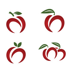 Set of stylized red apple icons with green leaves isolated on white background