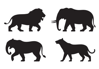 Majestic african wildlife silhouettes four powerful animals lion elephant tiger on white white background
