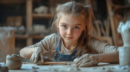 Young artist with hands covered in clay, intently focused on sculpting a unique creation, reflecting the innocent joy of pottery and craftsmanship