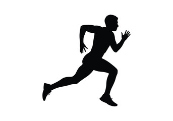 Dynamic silhouette of a male runner in full stride motion captured mid-sprint white background