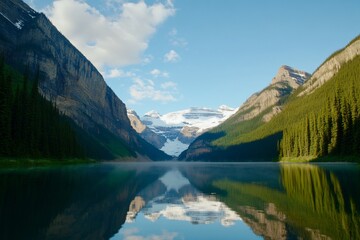 Lake Louise's serene reflection of snow-capped mountains and evergreen forests under a blue sky
