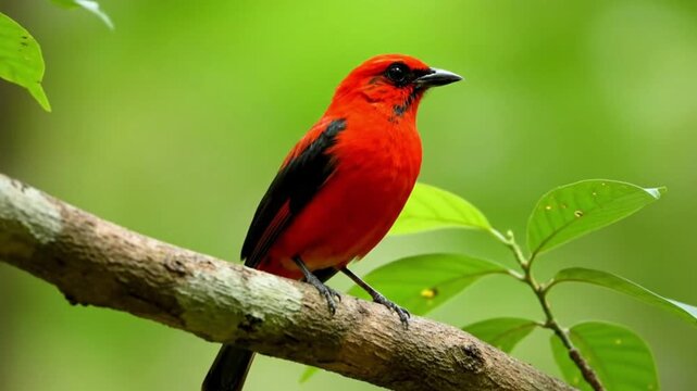 A scarlet tanager perched on a branch with lush green foliage forming the backdrop