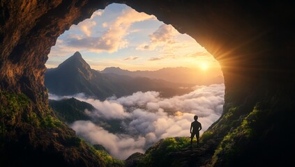 Majestic Sunset View from Cave Overlooking Cloud-Shrouded Mountains
