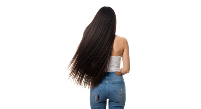 Back view of a woman with long dark flowing hair.